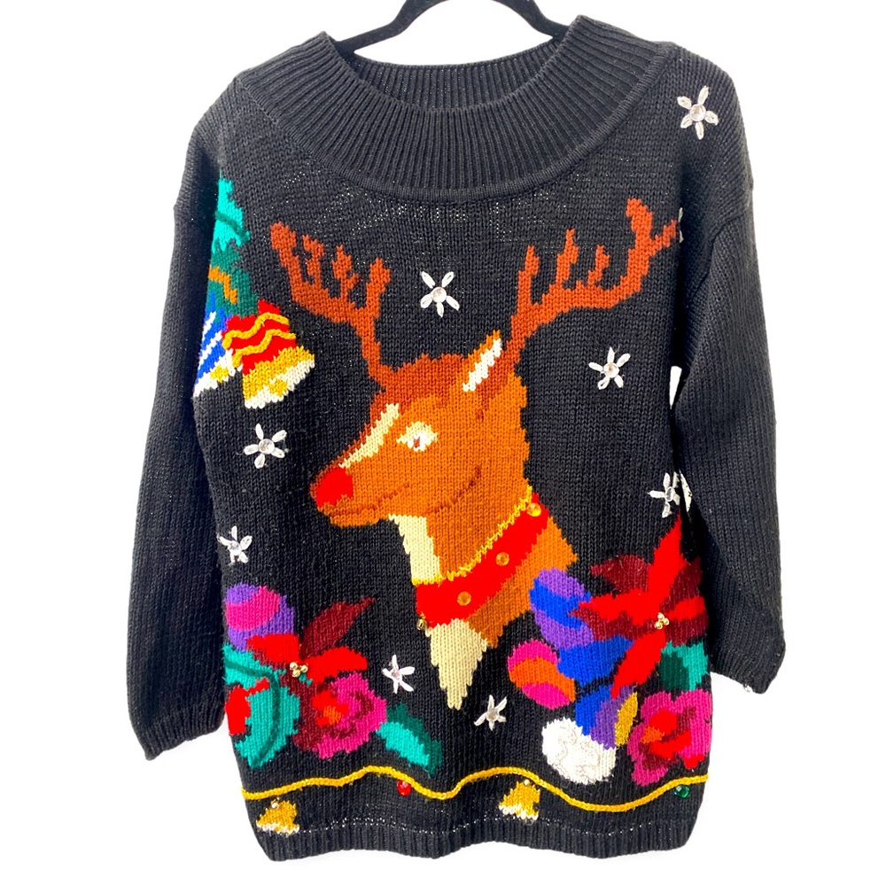 Vintage Rudolph Christmas Sweater - Black Holiday Knit Sweater